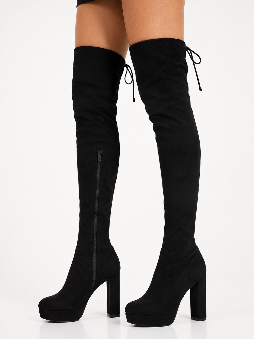 Women’s Black Suede Thigh-High Boots – 4" Heel – Tie-Back Detail Size 8 1/2